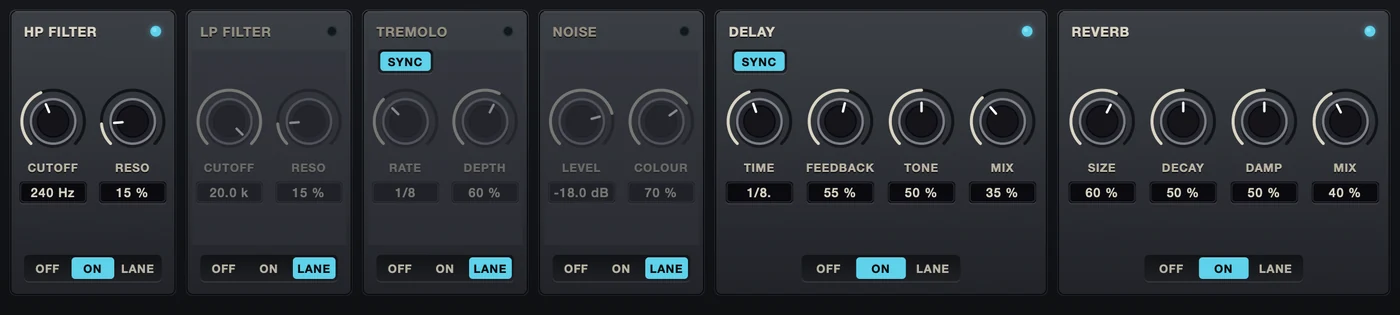 The six effect modules with no lanes loaded: high pass, delay and reverb switched on by hand and drawn in cream, the other three greyed out.