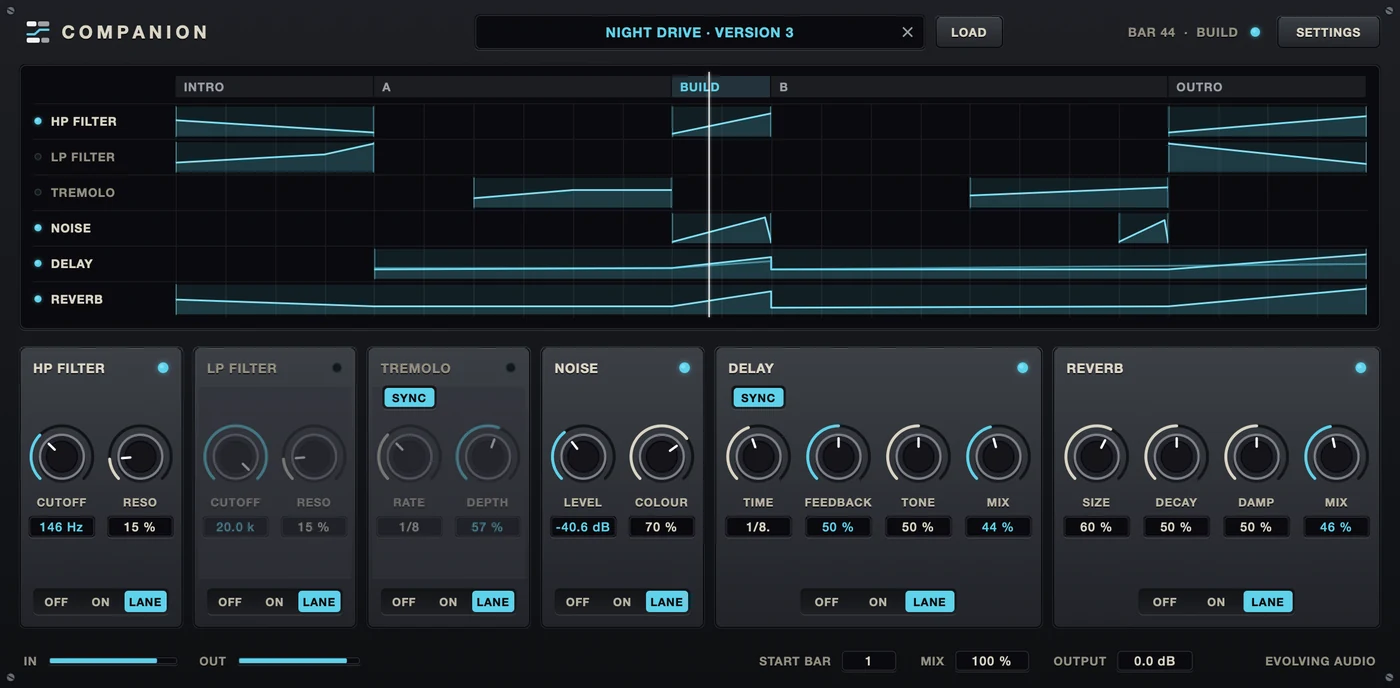 The Companion panel: a window showing six automation lanes against the sections of a song, and one module per effect underneath.