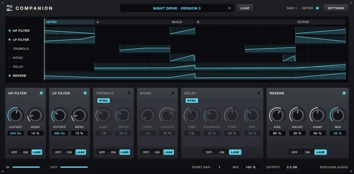 The panel while a song plays: the playhead crosses the lanes, lamps light as effects come in, and the knobs the lanes drive turn by themselves.