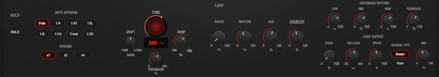 The middle lane of the Lichtenberg panel: hold, note division and voicing, delay time with drift, damp and feedback, drive, motion, age and squeeze, the three-band feedback return, and the loop output with duck, release, space, reverb type and mix.