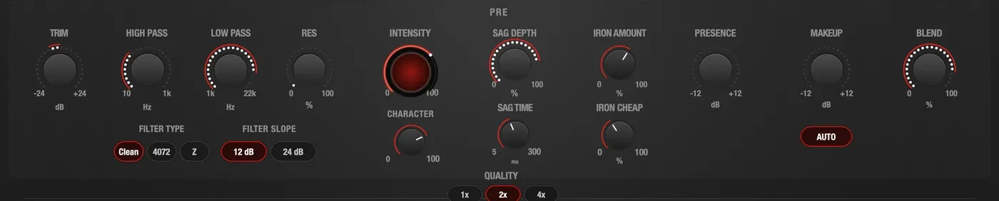 The top lane of the Lichtenberg panel: trim, high pass and low pass with filter type and slope, intensity and character, sag depth and time, iron amount and iron cheap, presence, makeup, blend and the quality switch.